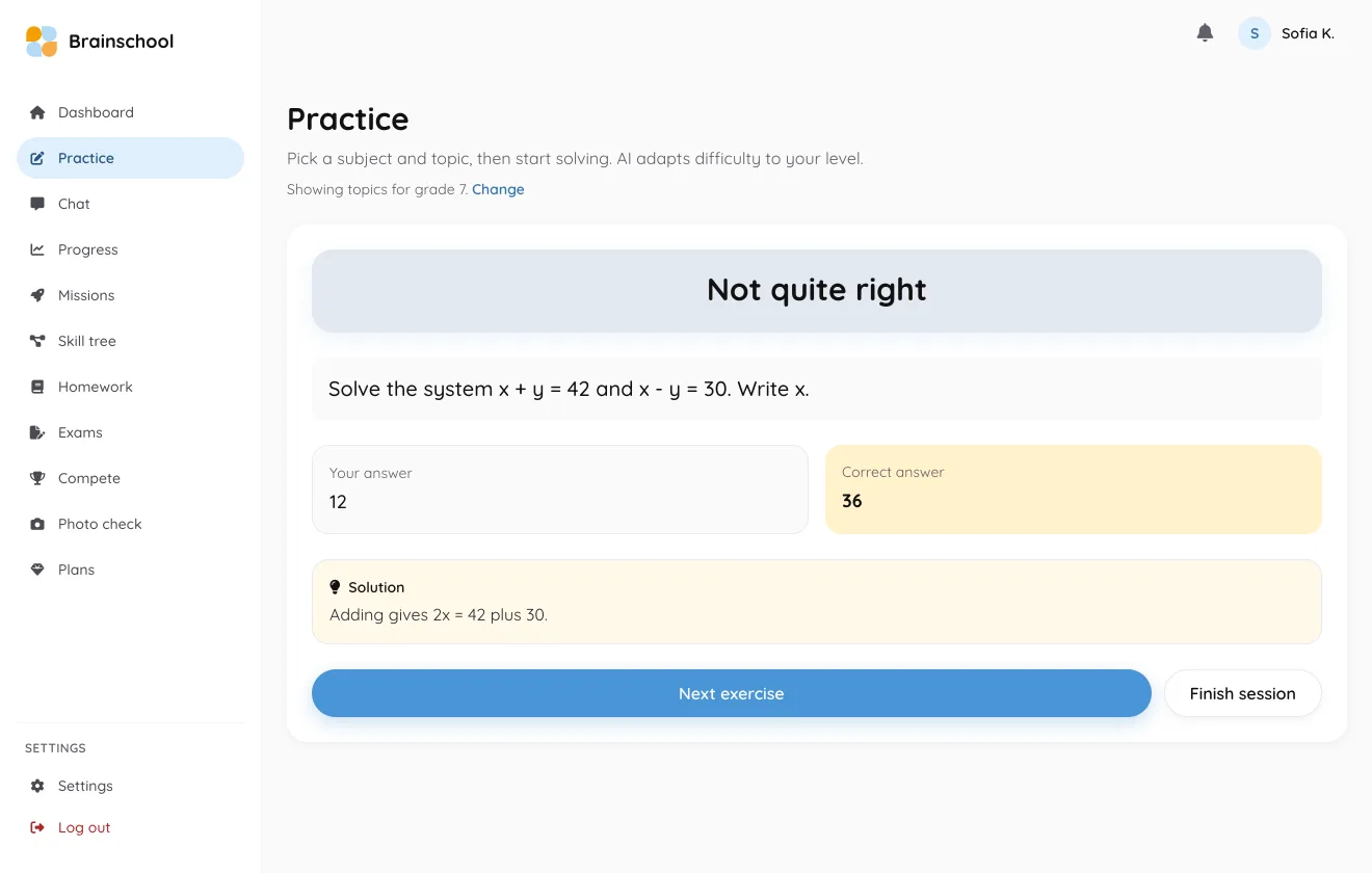 ШІ-репетитор Brainschool пояснює розв’язання крок за кроком